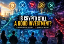 A dynamic depiction of crypto investors engaging with blockchain technology amid volatility and the fast-paced growth of digital finance in 2026.