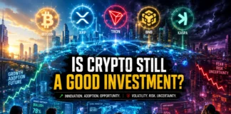 A dynamic depiction of crypto investors engaging with blockchain technology amid volatility and the fast-paced growth of digital finance in 2026.