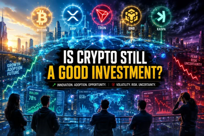 Is Crypto Still a Good Investment (2026) A dynamic depiction of crypto investors engaging with blockchain technology amid volatility and the fast-paced growth of digital finance in 2026.