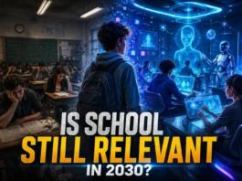 A futuristic classroom where AI and human education collide in the rapidly changing world of 2030.