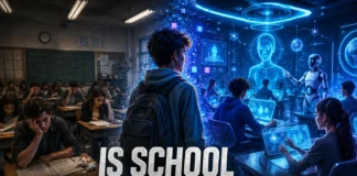 A futuristic classroom where AI and human education collide in the rapidly changing world of 2030.