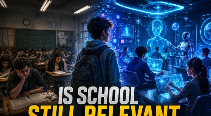 A futuristic classroom where AI and human education collide in the rapidly changing world of 2030.