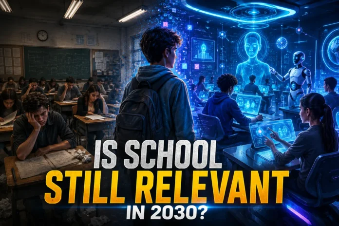 Is School Still Relevant in 2030? A futuristic classroom where AI and human education collide in the rapidly changing world of 2030.