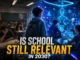 A futuristic classroom where AI and human education collide in the rapidly changing world of 2030.