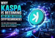 Why Kaspa Is Becoming One of the Fastest Cryptocurrencies Futuristic Kaspa blockchain network visual showing high-speed crypto transactions and scalable BlockDAG technology.