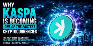 Futuristic Kaspa blockchain network visual showing high-speed crypto transactions and scalable BlockDAG technology.