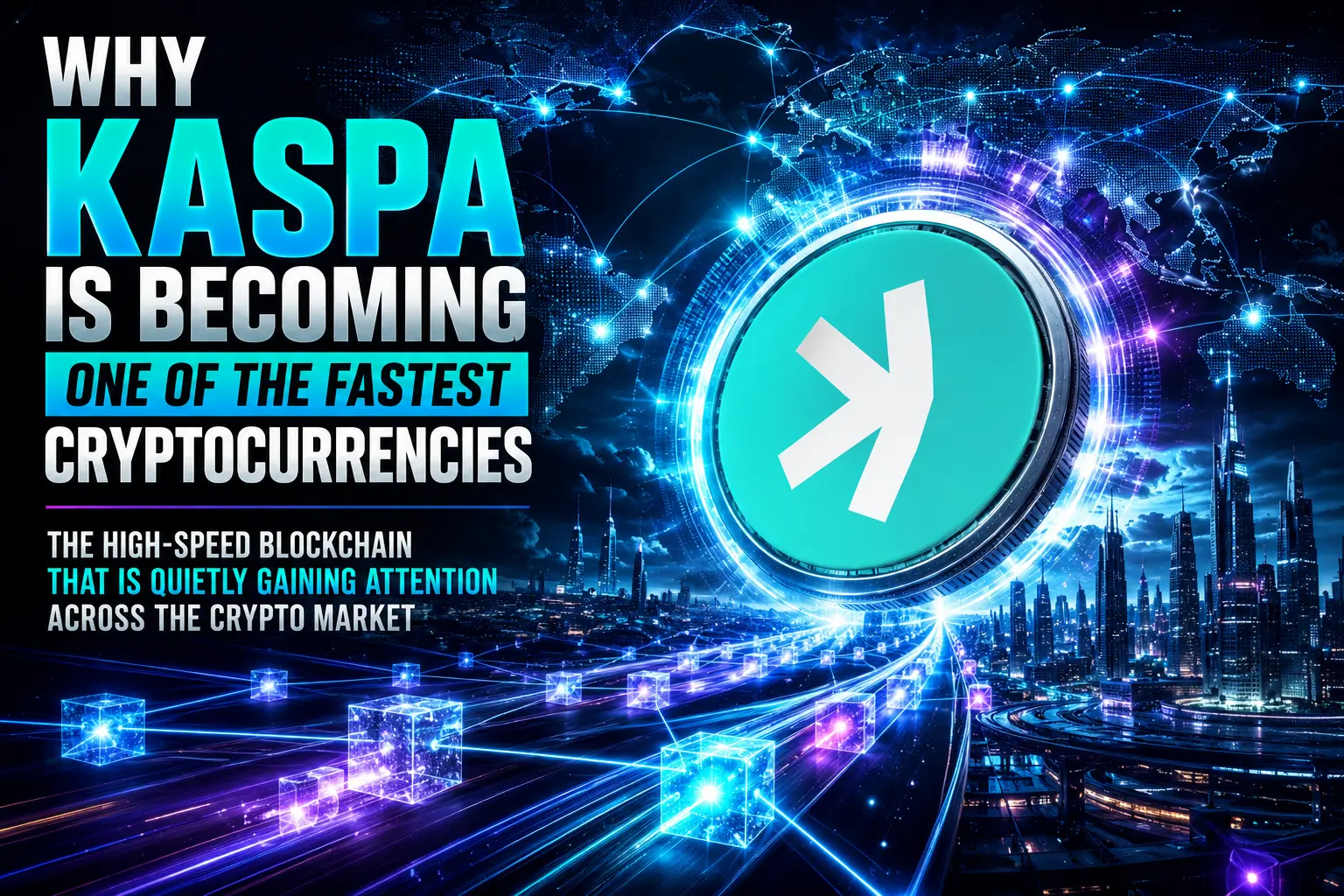 Why Kaspa Is Becoming One of the Fastest Cryptocurrencies Futuristic Kaspa blockchain network visual showing high-speed crypto transactions and scalable BlockDAG technology.