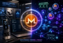 Monero (XMR) security visual highlighting safe storage, hardware wallets, and advanced privacy protection.