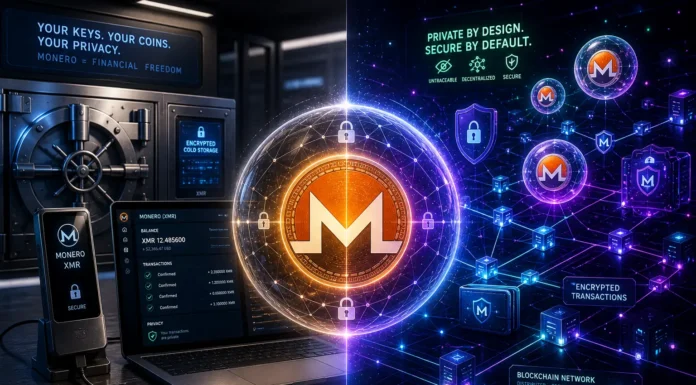 Monero (XMR) security visual highlighting safe storage, hardware wallets, and advanced privacy protection.