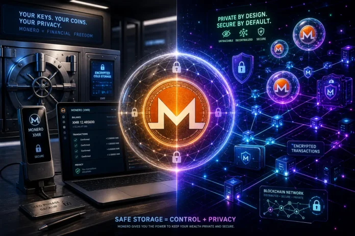 Monero (XMR) security visual highlighting safe storage, hardware wallets, and advanced privacy protection.