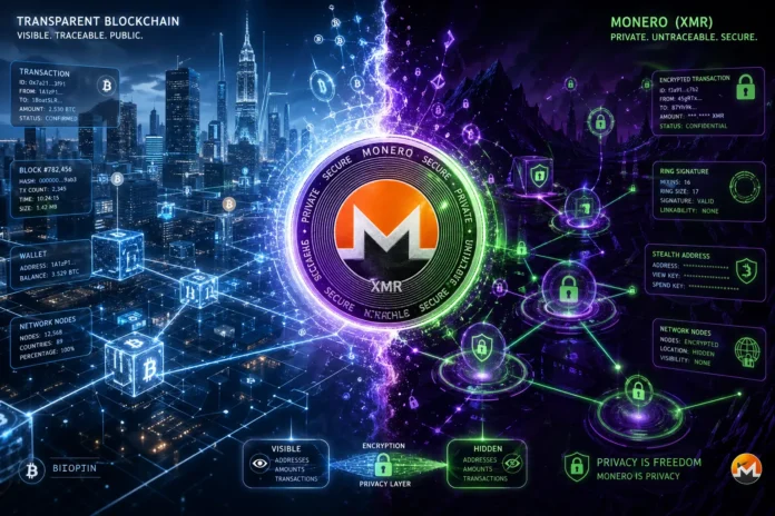 Monero (XMR) is a private digital currency where transactions are hidden and fully encrypted on the blockchain.