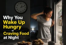 Why You Wake Up Hungry or Craving Food at Night A person experiencing nighttime hunger in bed or in the kitchen, showing sleep-related cravings and emotional eating.