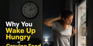 A person experiencing nighttime hunger in bed or in the kitchen, showing sleep-related cravings and emotional eating.