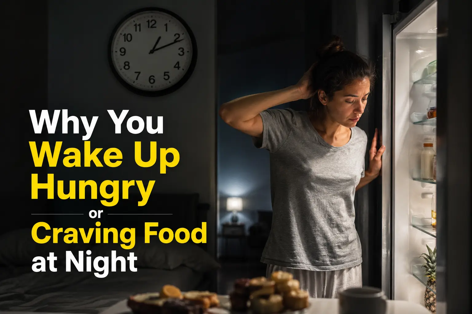 Why You Wake Up Hungry or Craving Food at Night A person experiencing nighttime hunger in bed or in the kitchen, showing sleep-related cravings and emotional eating.