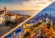 plit-style infographic comparing the economies of Portugal and Spain with a realistic skyline design