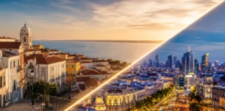 plit-style infographic comparing the economies of Portugal and Spain with a realistic skyline design