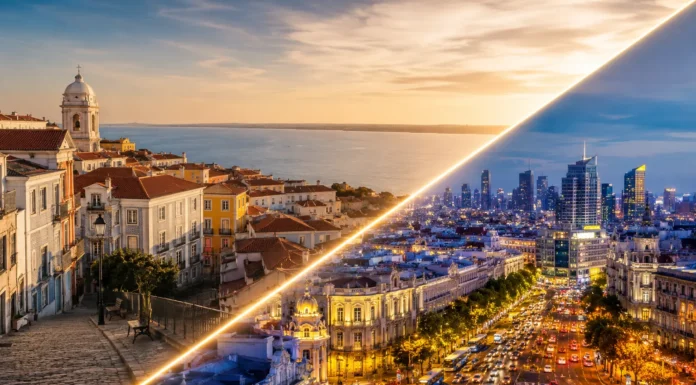 plit-style infographic comparing the economies of Portugal and Spain with a realistic skyline design
