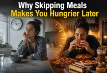 Realistic illustration showing delayed hunger response after skipping meals, with emotional eating and food cravings concept