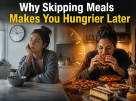 Realistic illustration showing delayed hunger response after skipping meals, with emotional eating and food cravings concept