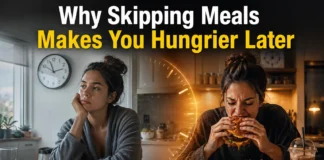 Realistic illustration showing delayed hunger response after skipping meals, with emotional eating and food cravings concept