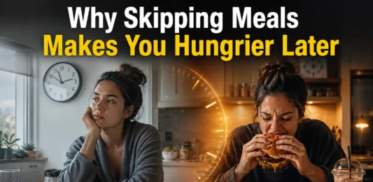 Realistic illustration showing delayed hunger response after skipping meals, with emotional eating and food cravings concept