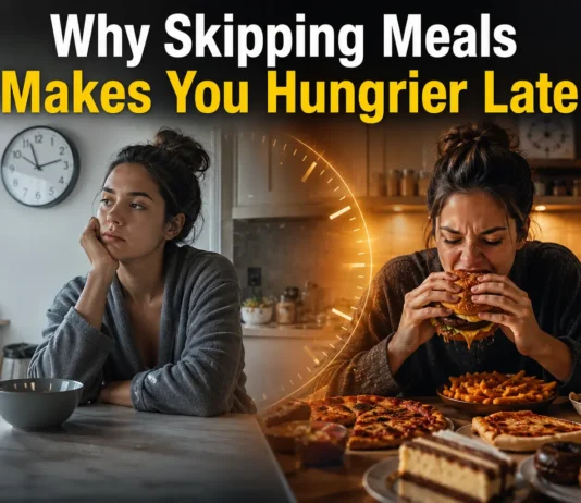 Realistic illustration showing delayed hunger response after skipping meals, with emotional eating and food cravings concept