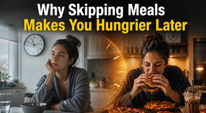 Realistic illustration showing delayed hunger response after skipping meals, with emotional eating and food cravings concept