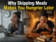 Realistic illustration showing delayed hunger response after skipping meals, with emotional eating and food cravings concept