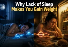 Why Lack of Sleep Makes You Gain Weight Over Time A person experiencing sleep deprivation with increased hunger and cravings, showing metabolic and hormonal imbalance related to weight gain