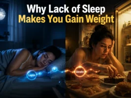 A person experiencing sleep deprivation with increased hunger and cravings, showing metabolic and hormonal imbalance related to weight gain