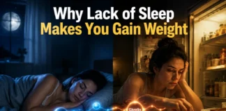 A person experiencing sleep deprivation with increased hunger and cravings, showing metabolic and hormonal imbalance related to weight gain