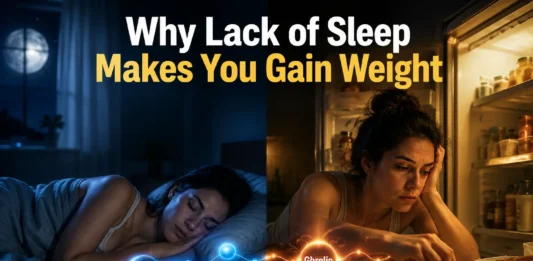 A person experiencing sleep deprivation with increased hunger and cravings, showing metabolic and hormonal imbalance related to weight gain