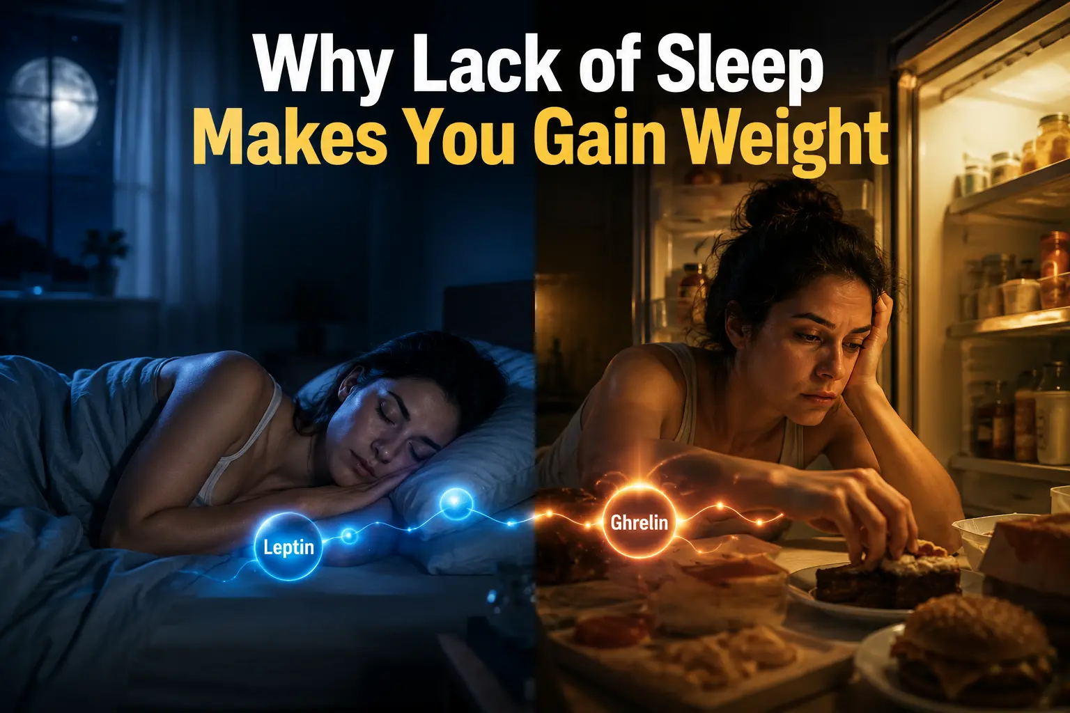 Why Lack of Sleep Makes You Gain Weight A person experiencing sleep deprivation with increased hunger and cravings, showing metabolic and hormonal imbalance related to weight gain
