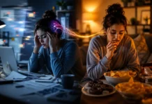 Why Stress Makes You Eat More Even When You’re Not Hungry A person eating snacks while stressed, showing emotional eating behavior and lack of physical hunger in a modern lifestyle scene