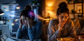 A person eating snacks while stressed, showing emotional eating behavior and lack of physical hunger in a modern lifestyle scene