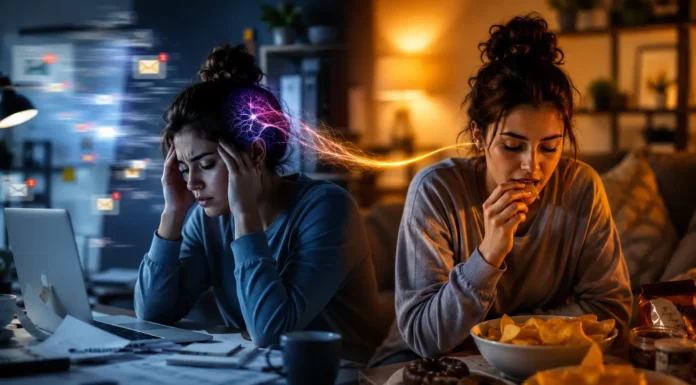 A person eating snacks while stressed, showing emotional eating behavior and lack of physical hunger in a modern lifestyle scene