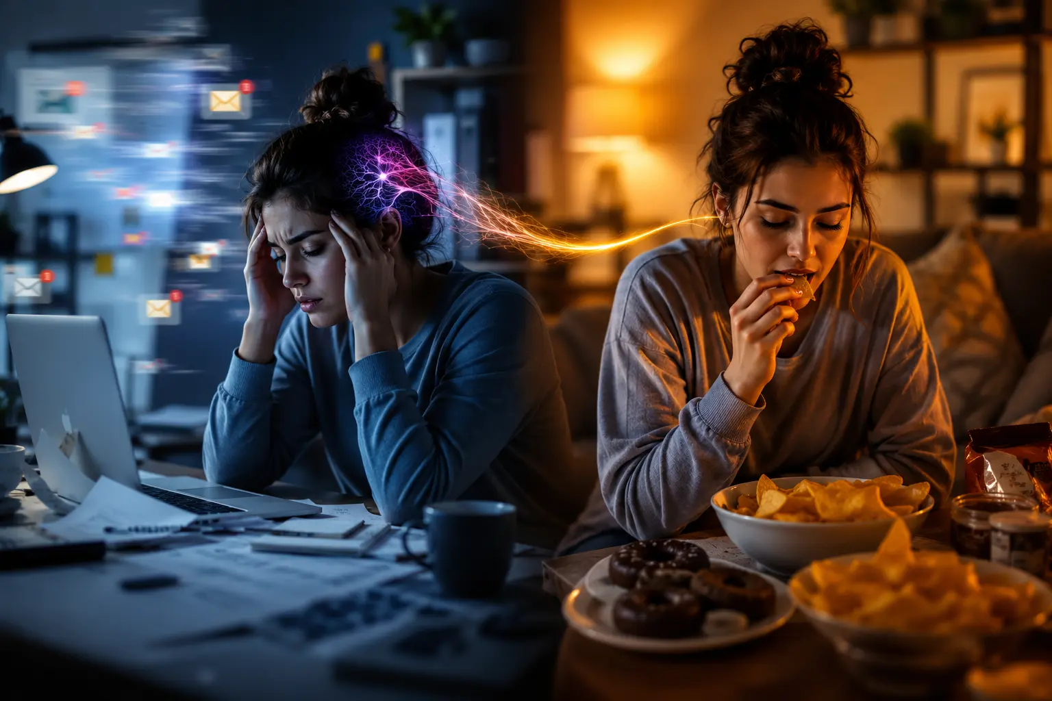 Why Stress Makes You Eat More Even When You’re Not Hungry A person eating snacks while stressed, showing emotional eating behavior and lack of physical hunger in a modern lifestyle scene
