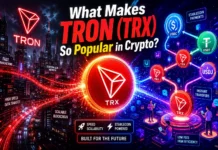 A bold TRON illustration featuring glowing blockchain flows and a high-tech, futuristic crypto world in motion.