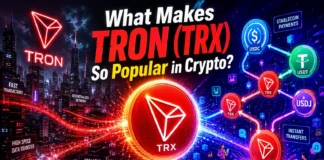 A bold TRON illustration featuring glowing blockchain flows and a high-tech, futuristic crypto world in motion.