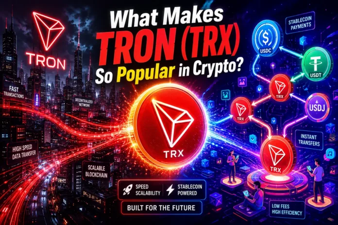 A bold TRON illustration featuring glowing blockchain flows and a high-tech, futuristic crypto world in motion.