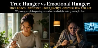 A clear comparison of physical hunger versus emotional eating triggered by stress, cravings, and comfort-seeking behavior.