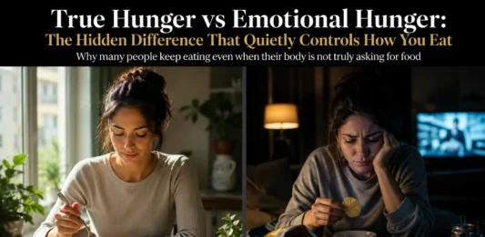 A clear comparison of physical hunger versus emotional eating triggered by stress, cravings, and comfort-seeking behavior.