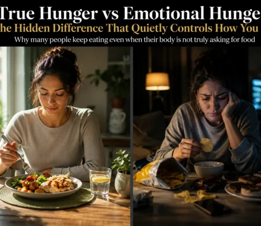 A clear comparison of physical hunger versus emotional eating triggered by stress, cravings, and comfort-seeking behavior.