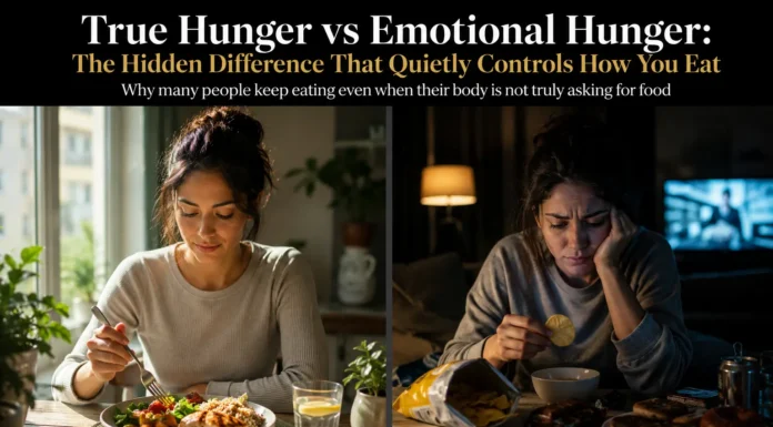 A clear comparison of physical hunger versus emotional eating triggered by stress, cravings, and comfort-seeking behavior.