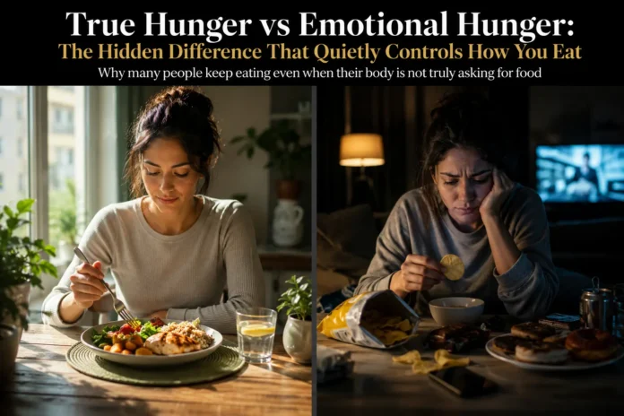 True Hunger vs Emotional Hunger: The Hidden Difference That Quietly Controls How You Eat A clear comparison of physical hunger versus emotional eating triggered by stress, cravings, and comfort-seeking behavior.