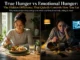 A clear comparison of physical hunger versus emotional eating triggered by stress, cravings, and comfort-seeking behavior.
