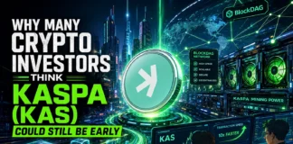 Futuristic illustration of Kaspa blockchain technology featuring BlockDAG infrastructure, crypto mining activity, ultra-fast transaction networks, and a high-speed digital economy.