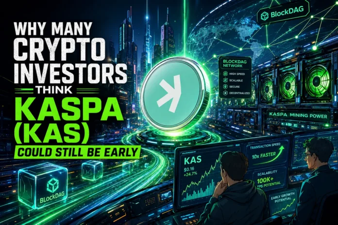Futuristic illustration of Kaspa blockchain technology featuring BlockDAG infrastructure, crypto mining activity, ultra-fast transaction networks, and a high-speed digital economy.