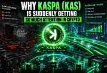 High-tech illustration featuring Kaspa mining, scalable blockchain technology, lightning-fast transfers, and futuristic crypto networks.