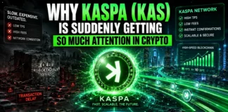 High-tech illustration featuring Kaspa mining, scalable blockchain technology, lightning-fast transfers, and futuristic crypto networks.